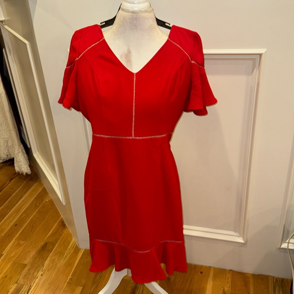 Red V-Neck Flutter Sleeve Dress - Women